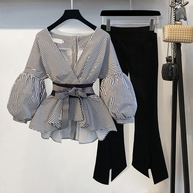 Комплект женский блузка с рукавами-фонариками и брюки больших размеров