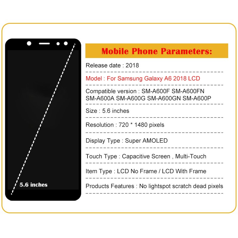 Оригинальный дисплей AMOLED для Samsung A6 2018, 5.6 дюймов