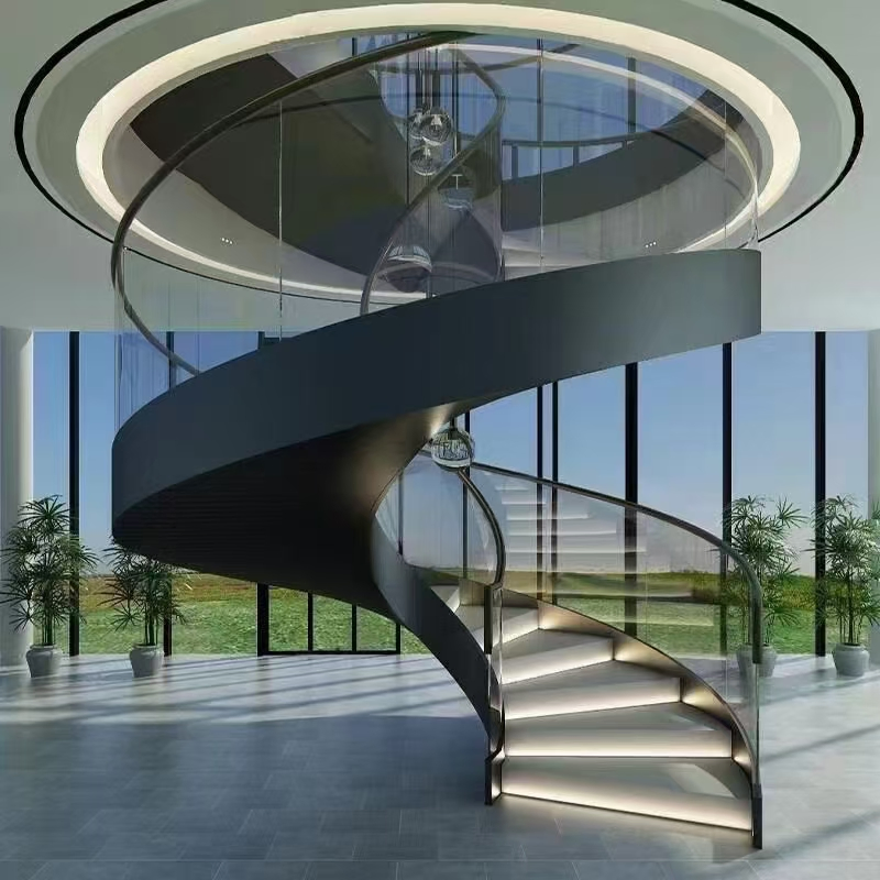 Stylish Indoor Floating Staircase with Curved Wooden Handrail