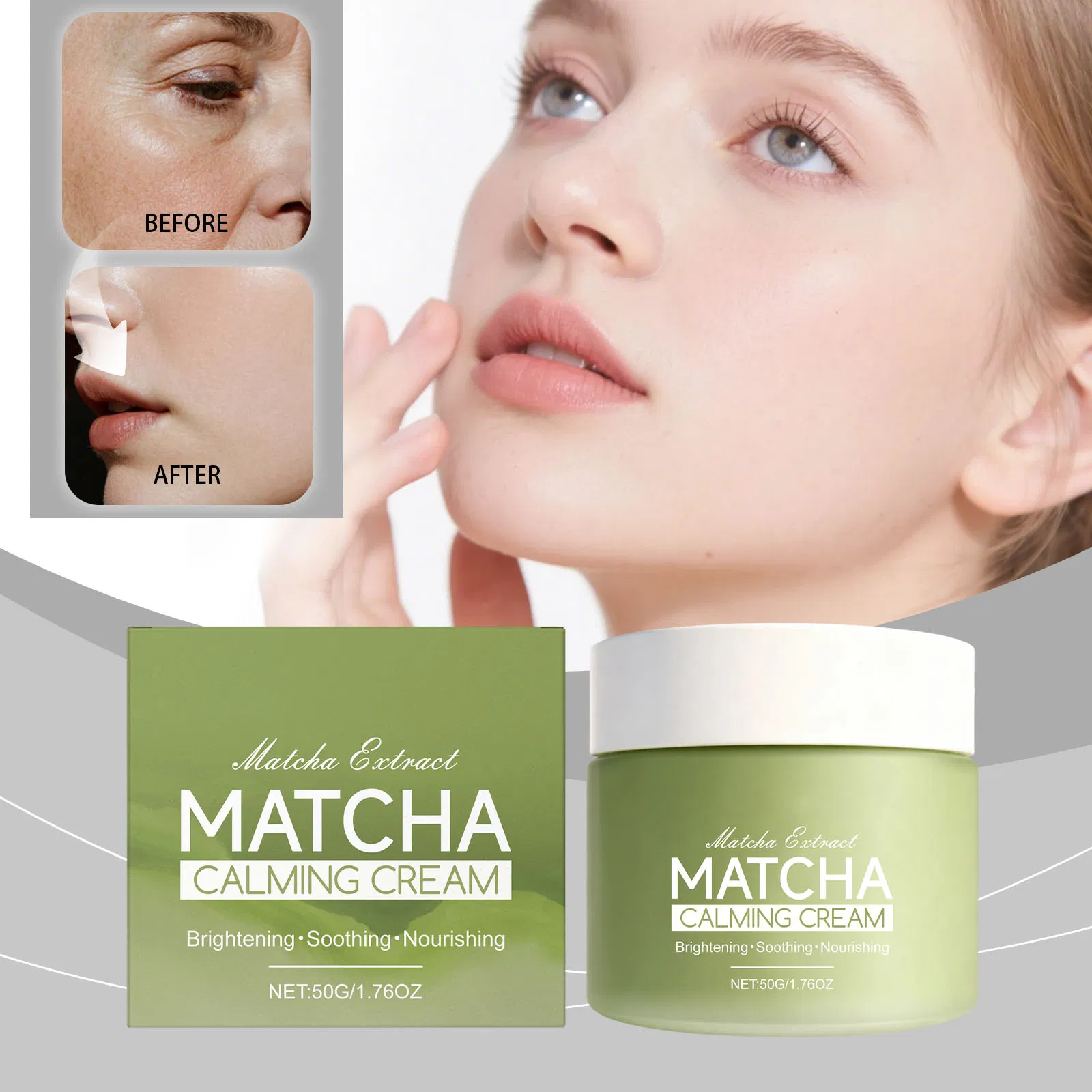 Wholesale 50g Matcha Tea Skin Care Cream Brightening Moisturizing Long-Lasting Calming Matcha Face Cream