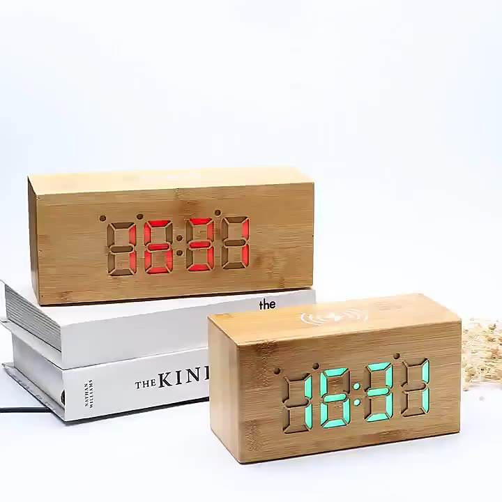Bamboo Digital Desktop Alarm LED Wooden Table Clock with Wireless Charger