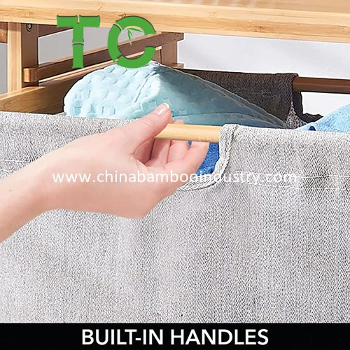 Two-Section Bamboo Laundry Basket Removable Bag and Shelf Wooden Bamboo Laundry Organizer Cabinet Laundry Hamper Sorter