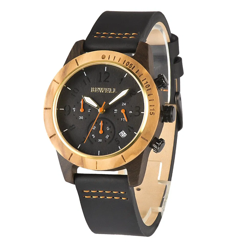 Executive Bewell 41mm Mens Wood Watch with Genuine Leather Strap Japan Movement Custom Watch Mens Watches with Private Label