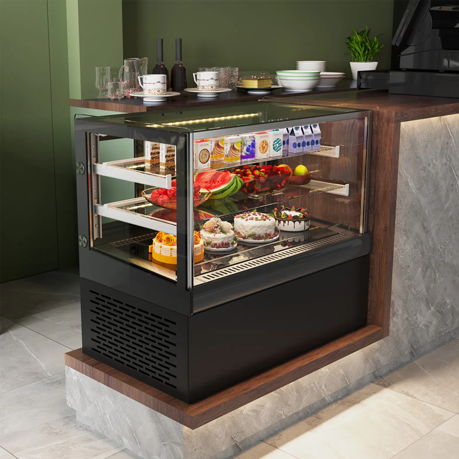 LED Light Front Back Sliding Glass Door Bakery Bread Cake Display Refrigerator Cooler Fridge Showcase