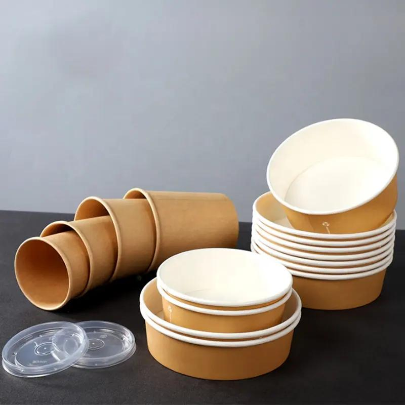 Wholesale Disposable Kraft Bowl for Food Packaging Brown Kraft Paper Bowl with Lid