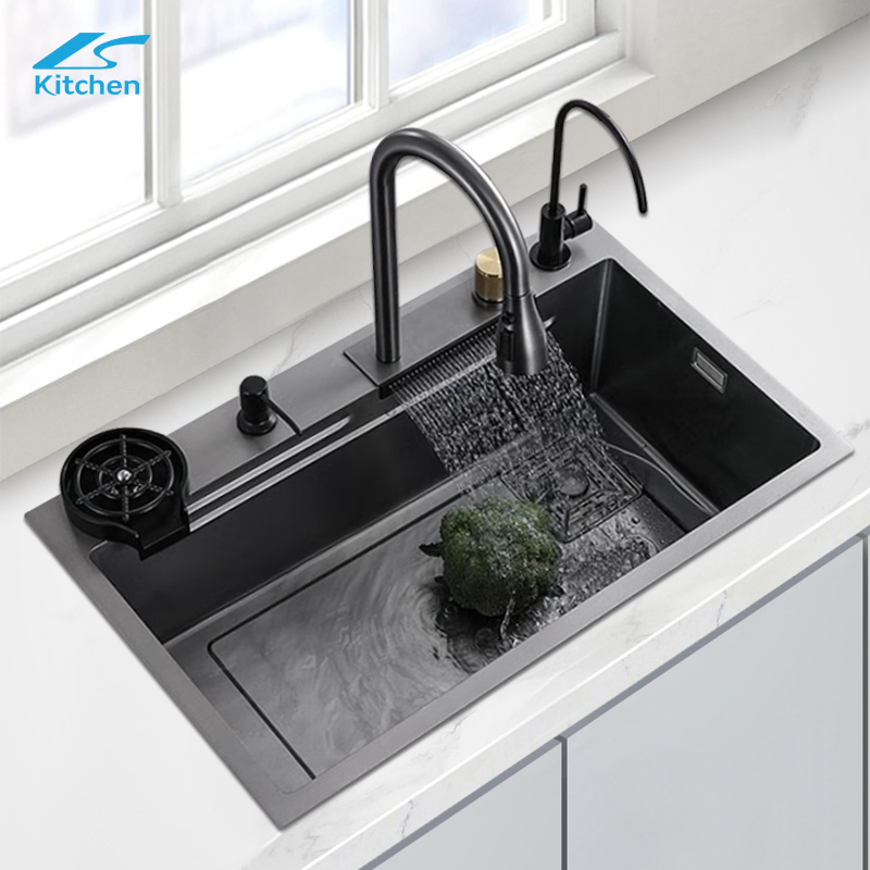Modern Nano Scratch Resistant Double Bowl Stainless Steel Waterfall Style Kitchen Sink