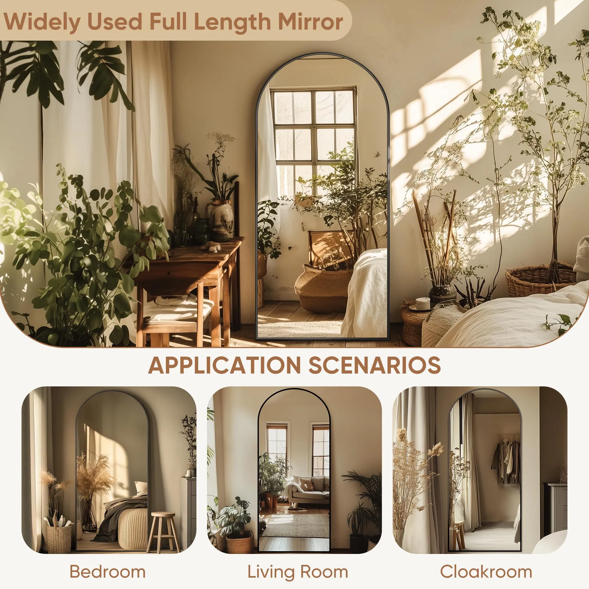 Full Length Arched Mirror Gold Aluminum Floor & Wall Mirror Large Standing Body Mirror for Bedroom & Living Room Elegant Home Decor