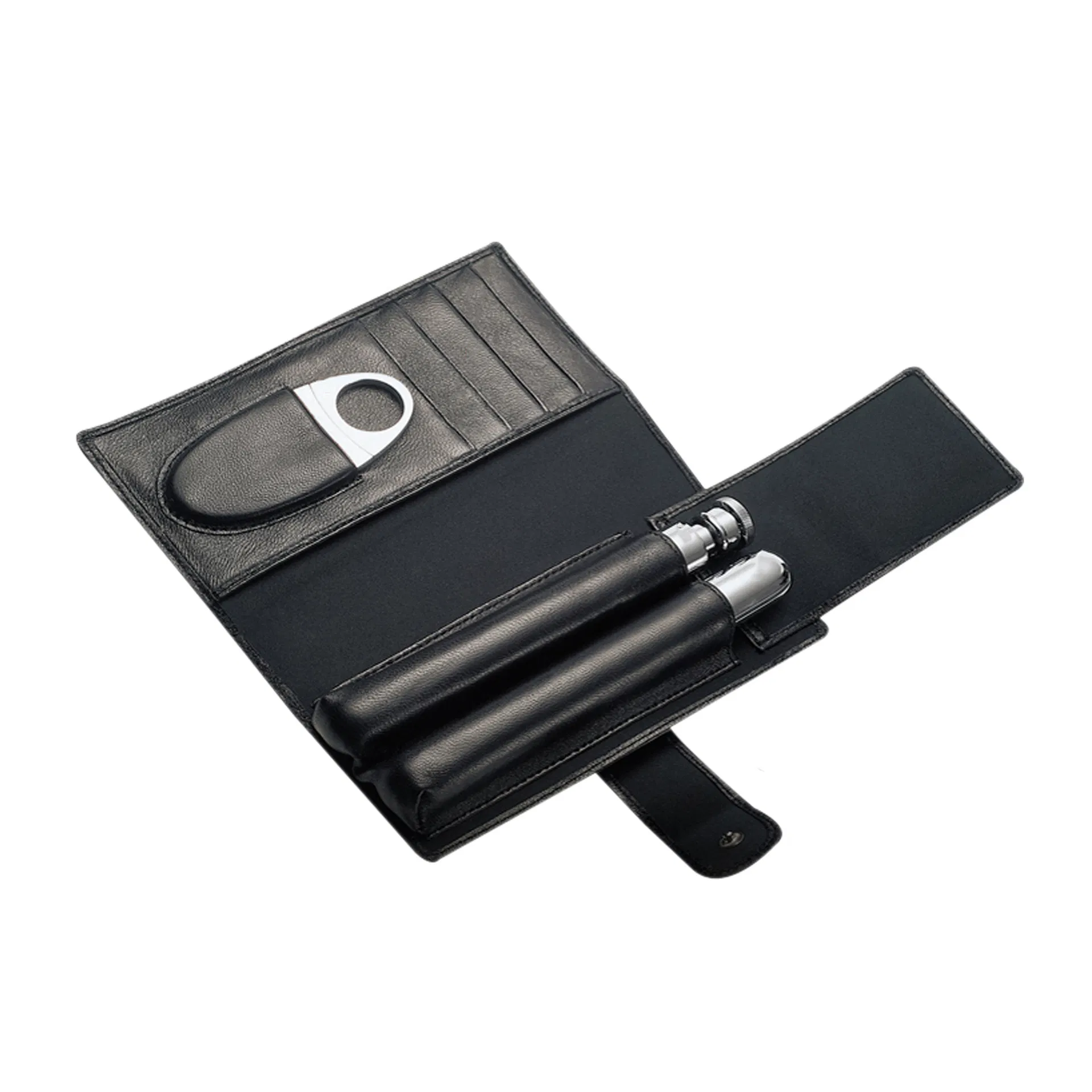 Custom Brand Genuine Cowhide Leather Hunidor Pouch with Stainless Steel Tube