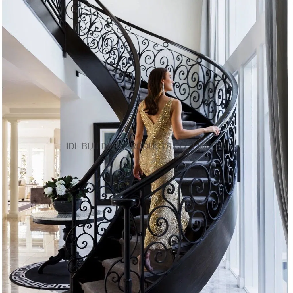 American Vintage Classic Style Wood Handrail Wrought Iron Balustrade Staircase for Sale Spiral/Circular/Curved Staircase