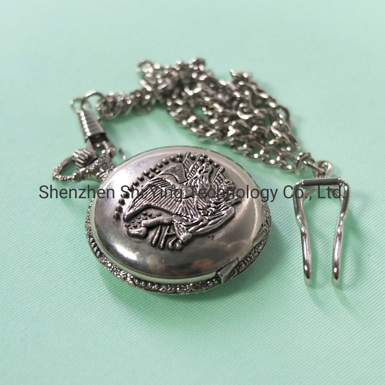 Custom Fashion Eagle Embossed Japan Movement Quartz Pocket Watches with Chain