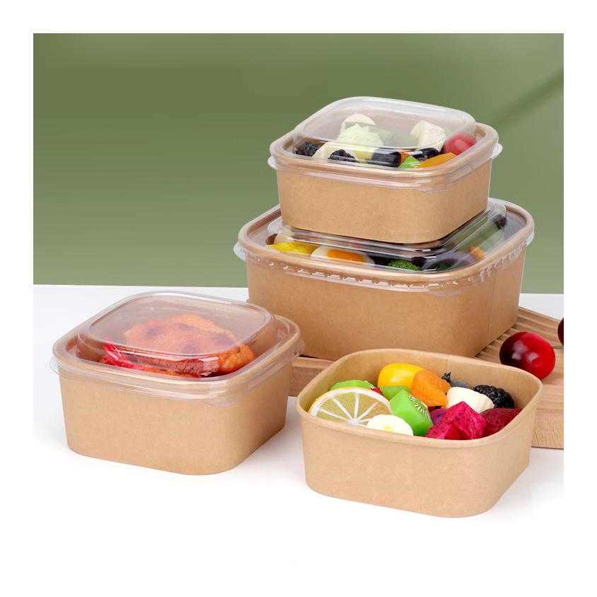 Eco-Friendly Custom Print Large Square 1400ml Rice Food Soup Serving Bowls Disposable 16oz 24oz Biodegradable Kraft Paper Bowl for Fruits Salad