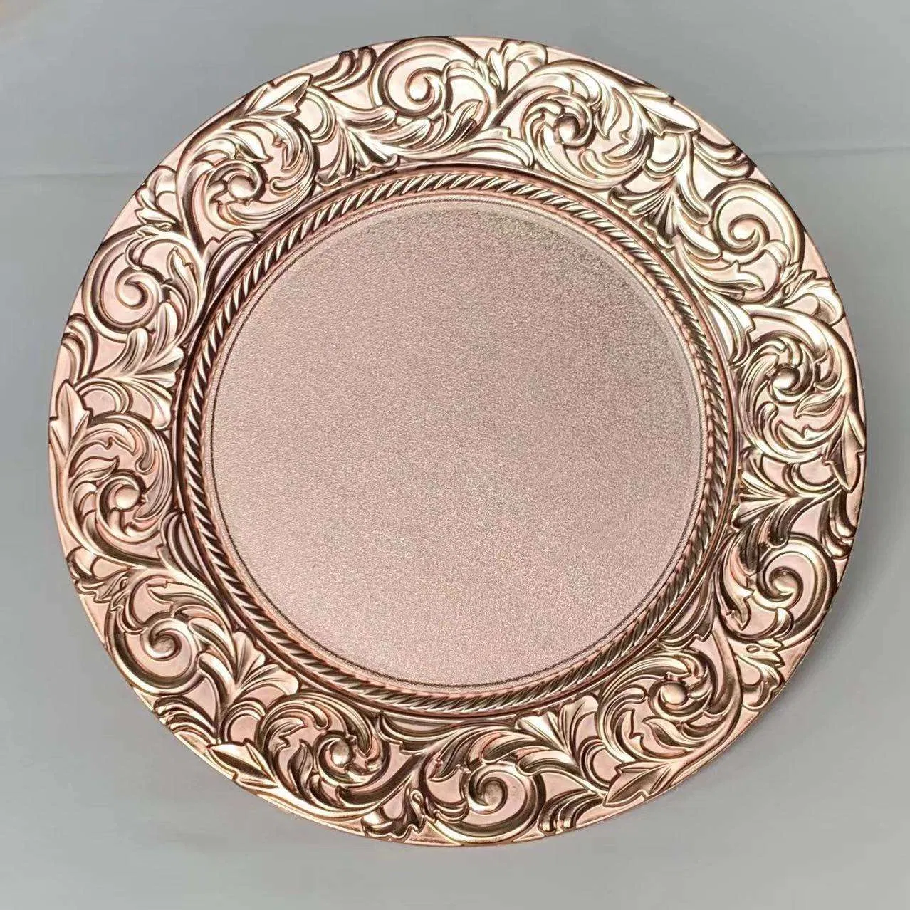 Vintage Elegant Rose Gold Charger Plate with Shiny Flower Edge