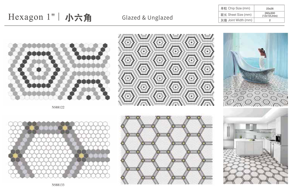 Wall Backsplash Floor Decor Hexgaon Glossy and Matte Ceramic Mosaic Tile