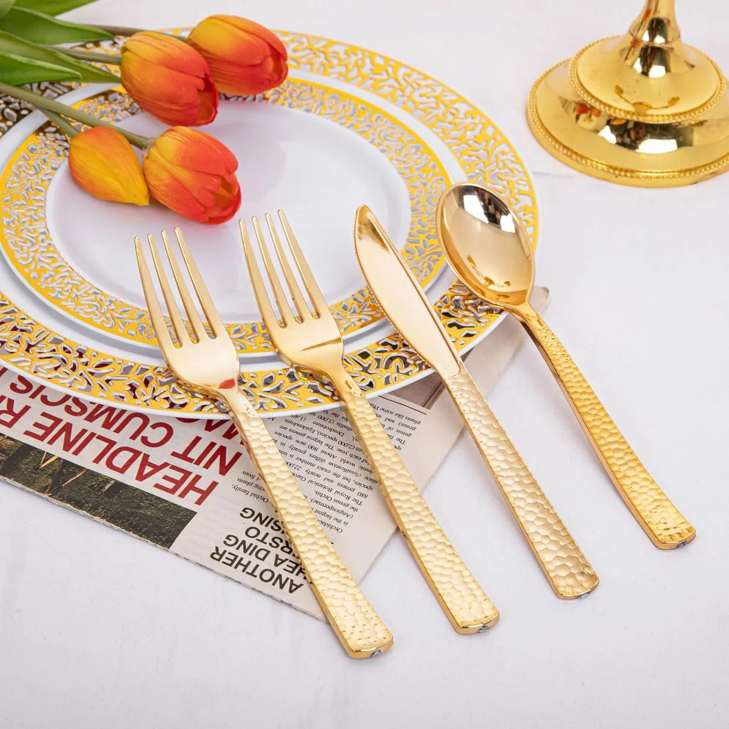 Plastic Gold Silverware Cutlery Disposable Utensils Plastic Knives Gold Forks Disposable Spoons Perfect for Birthday, Party, Wedding