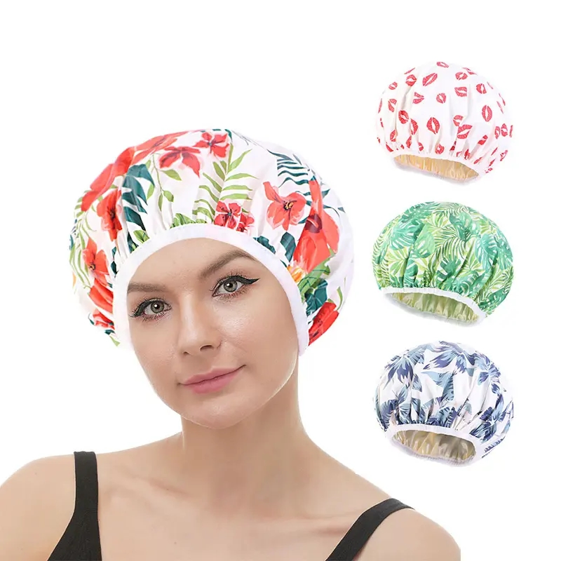 Customized Shower Cap Waterproof Double Layer Satin Lining Reusable EVA Bath Cap