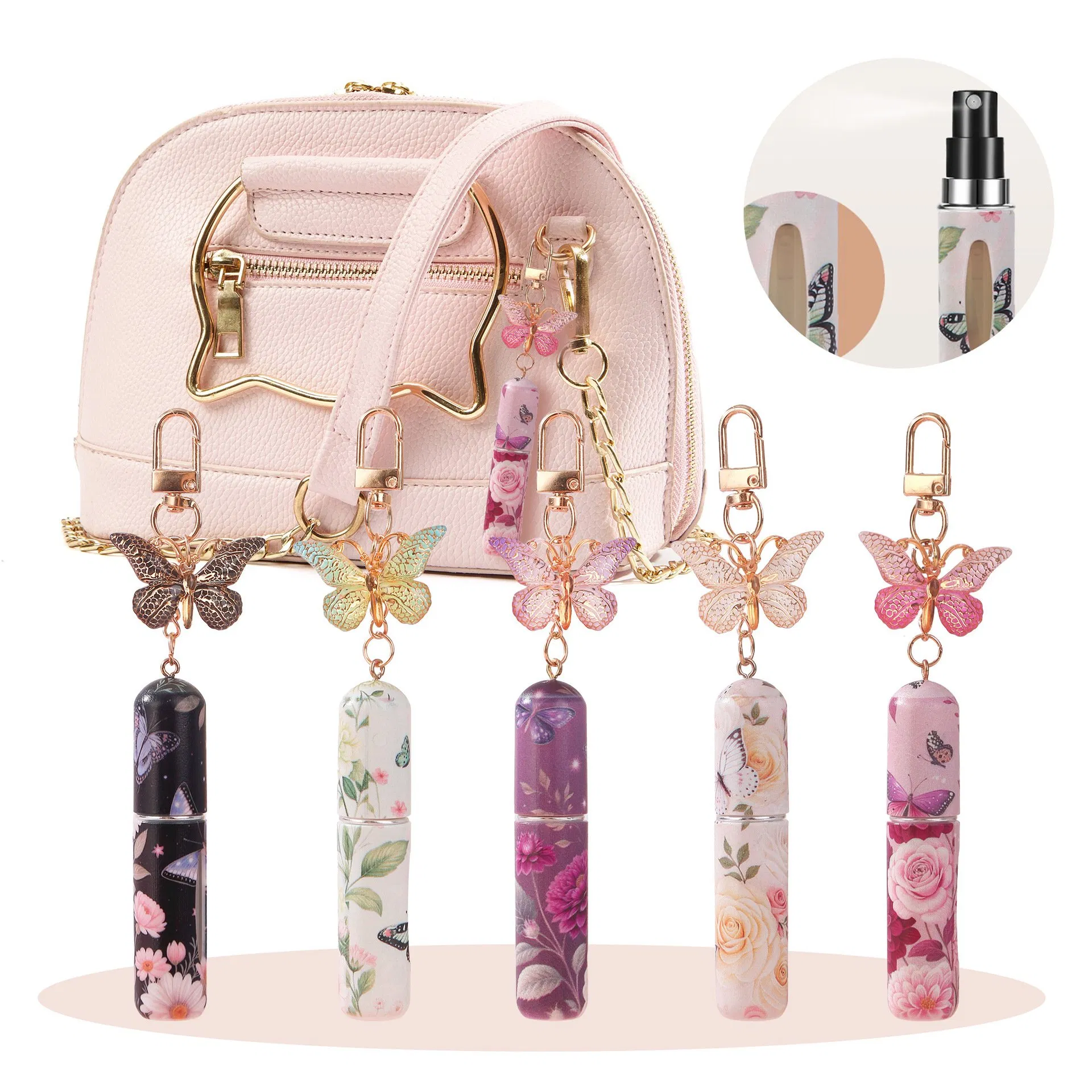 5ml Mini Tester Travel Pocket Refillable Twist up Dispenser Spray Fragrance Perfume Atomizer Bottle with Butterfly Keychain