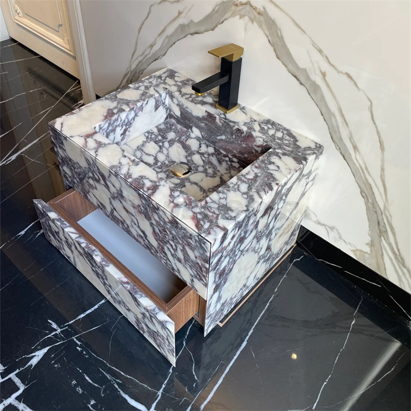 Modern Calacatta Viola Marble Sink Powder Room Floating Basin Marble Vanity Cabinet Drawers Bathroom Vanity