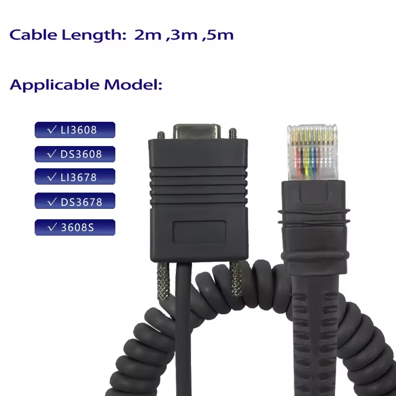 5m Barcode Reader Rj50 Scanner Cable Coiled Spiral Data Serial RS232 for Zebra Li3608-Sr