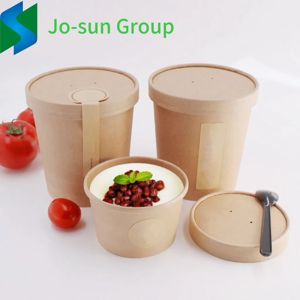 Jo-Sun Disposable Eco-Friendly 32 Oz Kraft Paper Soup Cup Bowl Popcorn Buckets with Lid Take-out Box