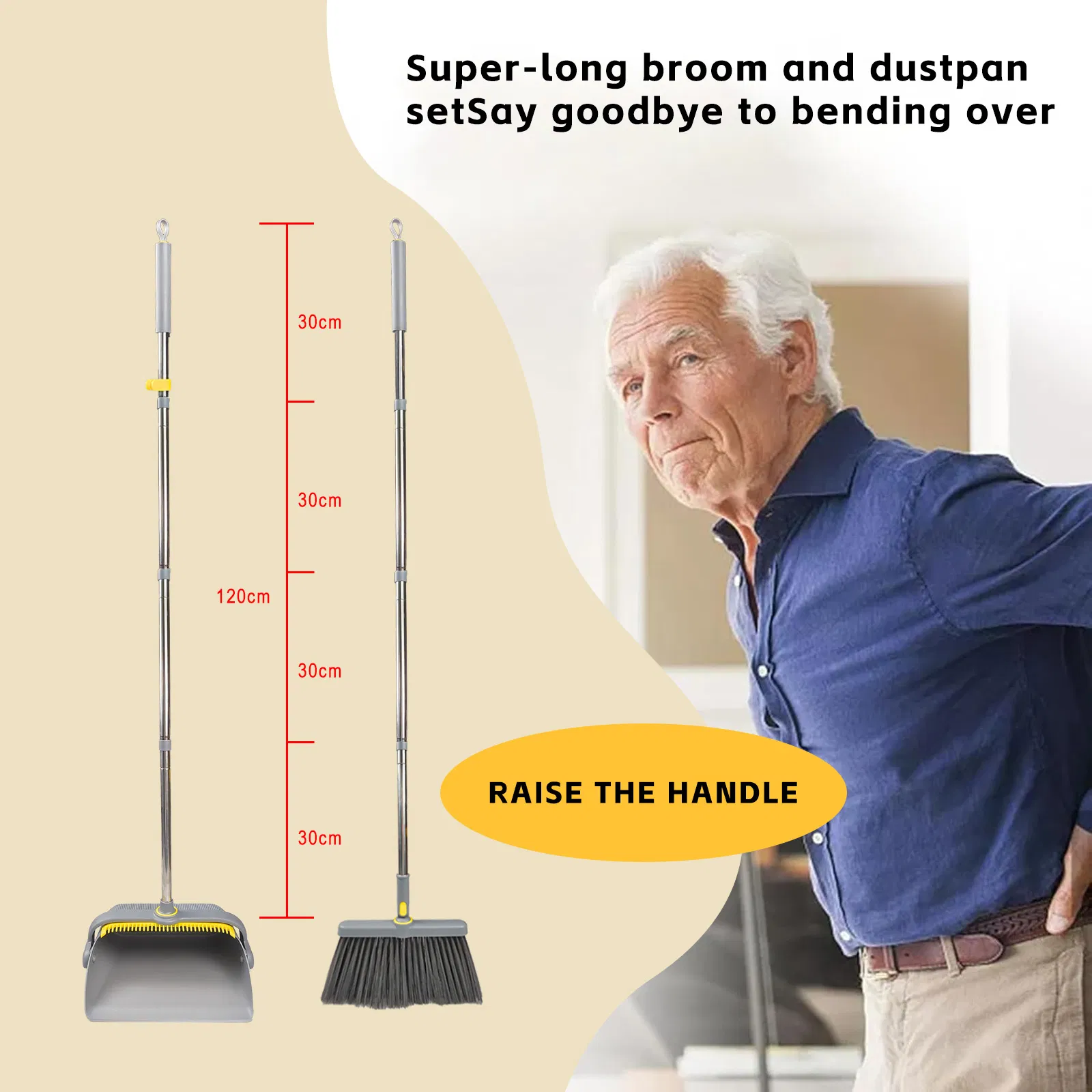 Long Handle Broom and Dustpan Set Adjustable Handle Dust Pan Teeth