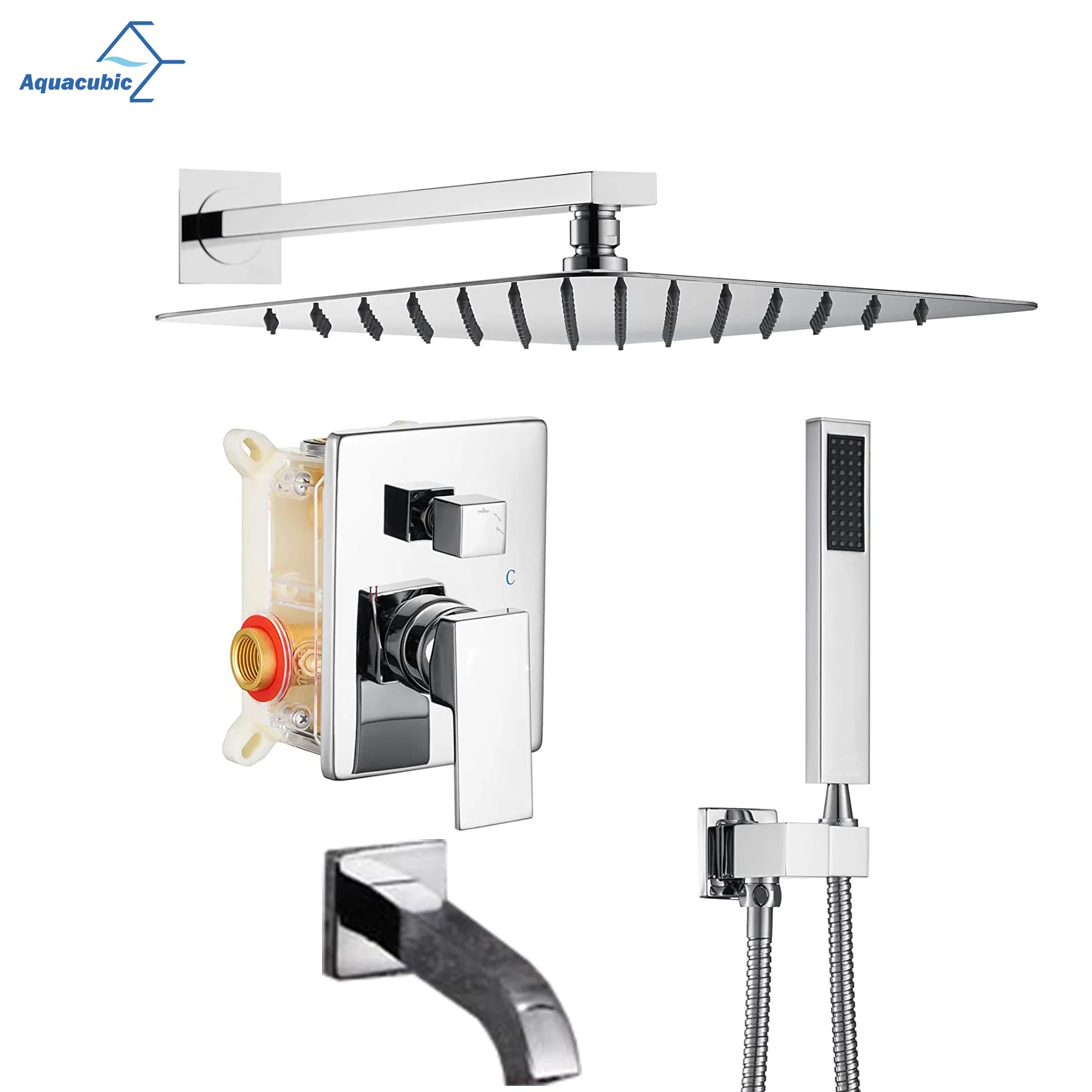 Aquacubic Bathroom Chrome Brass Rainfall Shower System Wall Mount Shower Set Shower Mixer Faucet Set