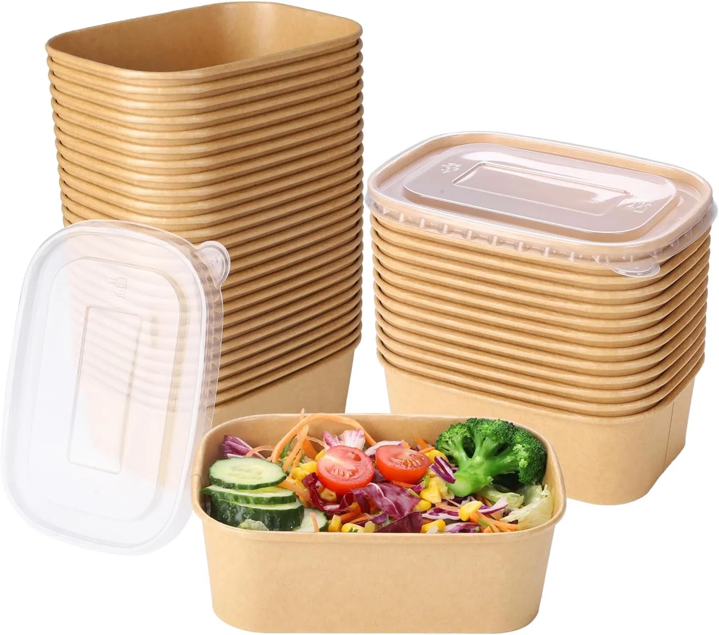 500ml Disposable Kraft Rectangle Paper Bowl with PP Lid Salad Bowl Takeaway