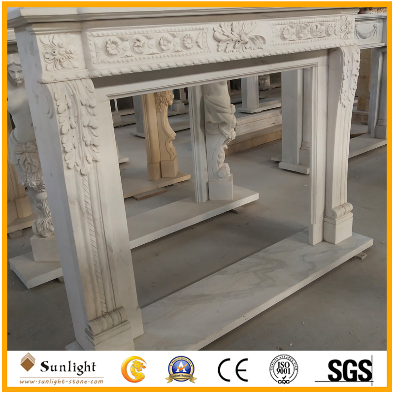 Natural Elegant Hand-Carved White Marble Mantel Stone Fireplace
