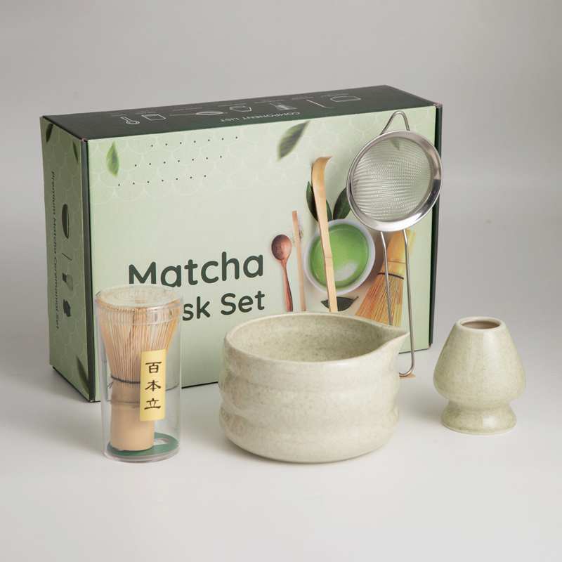 Custom Logo Matcha Tea Set 4 to 10 Pieces Japanese Matcha Bowl Tea Whisker Standing Bamboo Matcha OEM Set Whisk with Gift Box