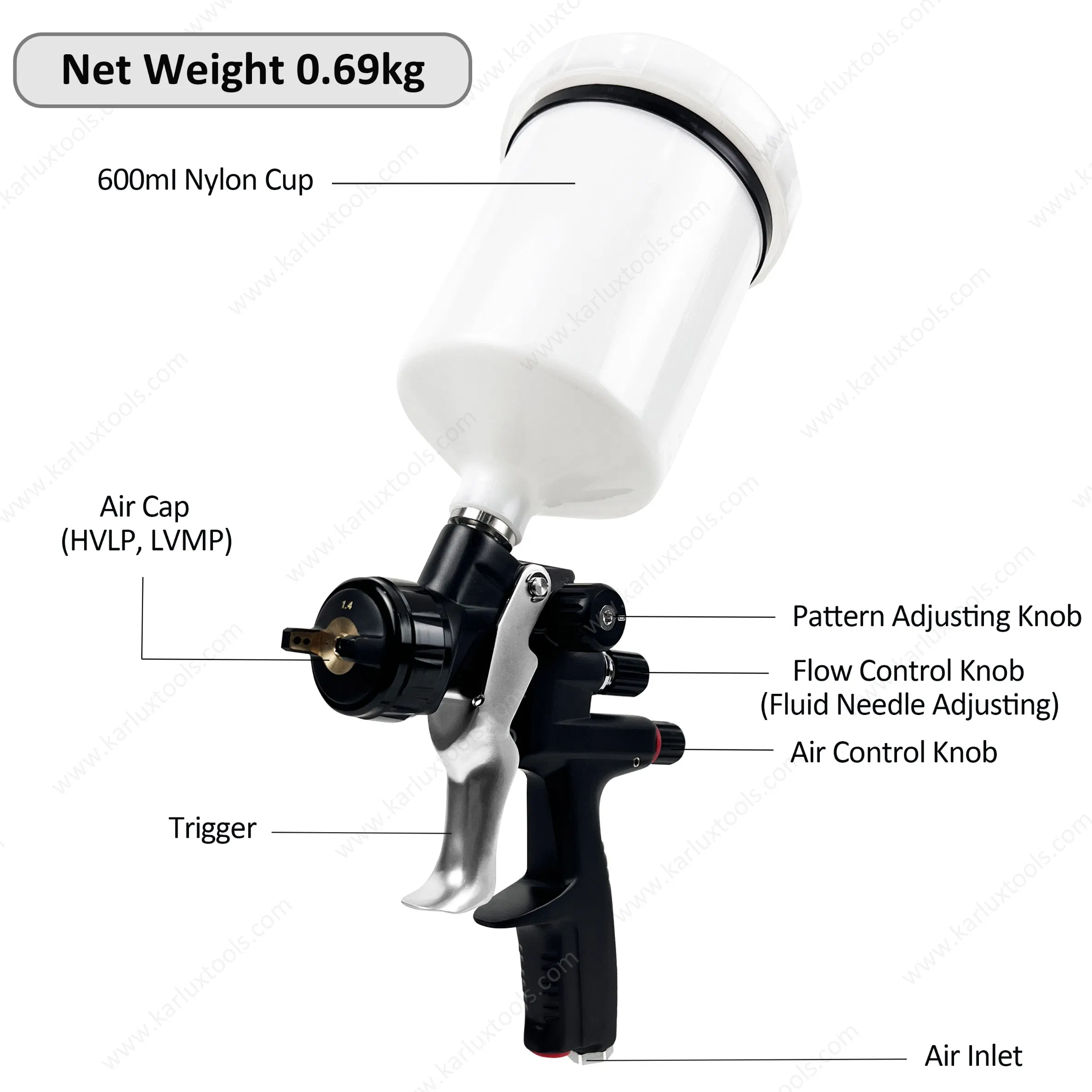 Пневматический краскопульт HVLP 600 мл, алюминиевый корпус