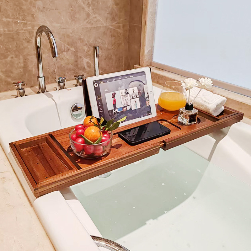 Elegant Adjustable Teak Wood Shower Organizer for Bathtubs