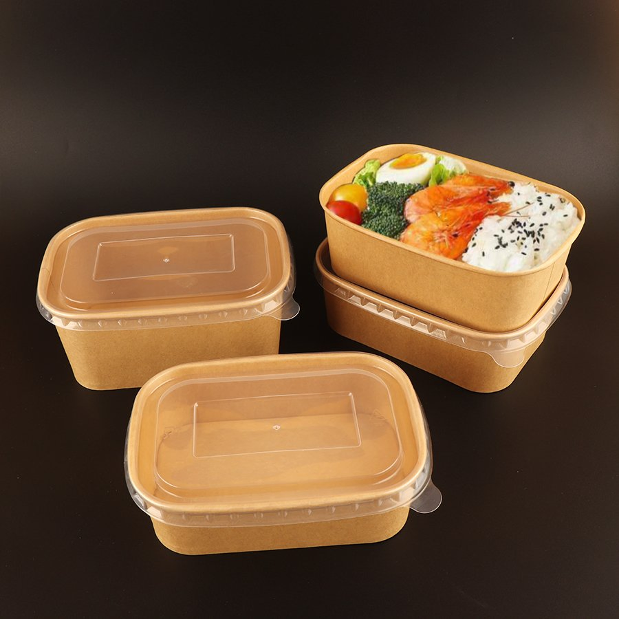 Biodegradable Disposable Square 1600ml Fruit Brown Salad Kraft Paper Bowl with Lid
