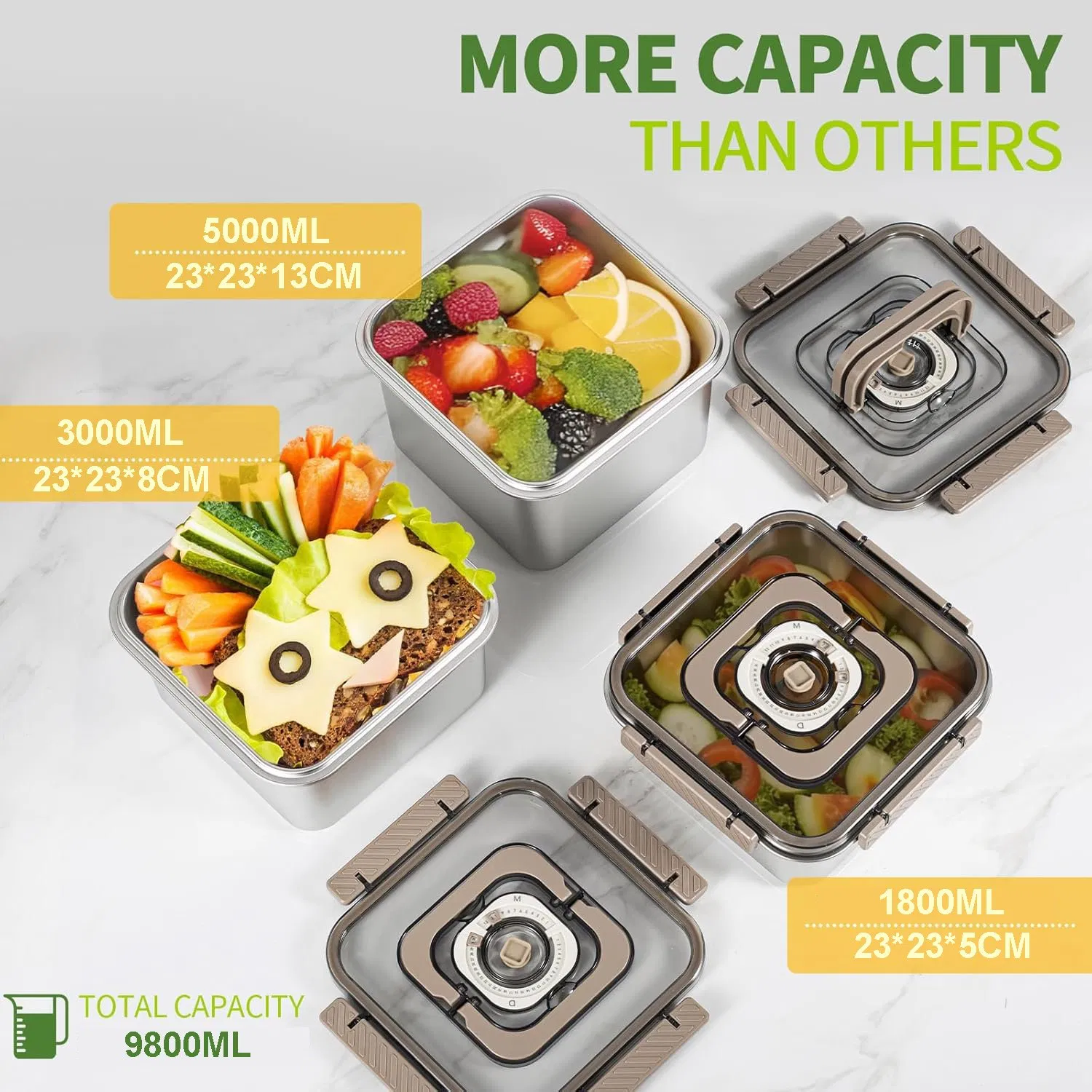 3PCS/Set Large Size Square Stainless Steel Food Storage Containers Preservation Box (1800/3000/5000ML)