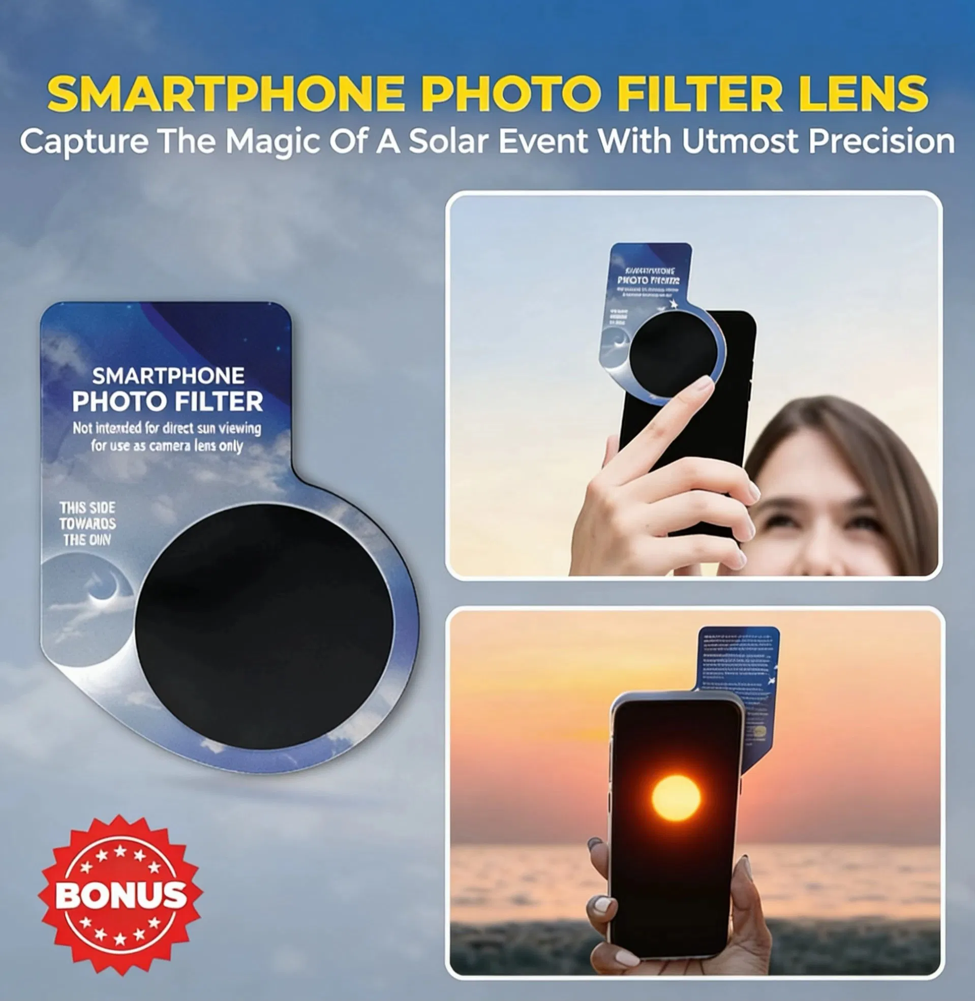 Smartphone Photo Filter Lens for Eclipse Observation Glasses and Safe Shades for Direct Sun Viewing