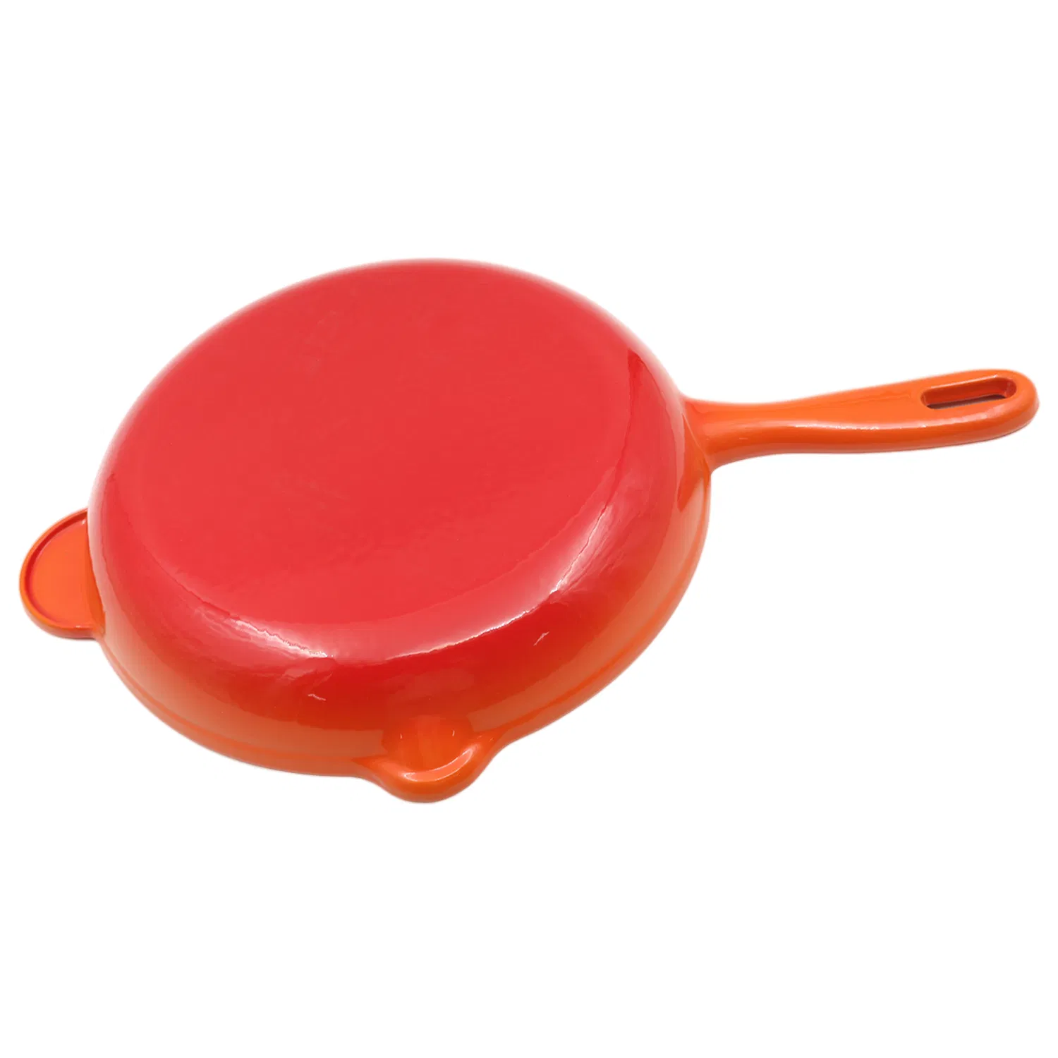 Vibrant Orange Enameled Cast Iron Frying Pan with Dual Spouts and Helper Handle for Searing Skillet