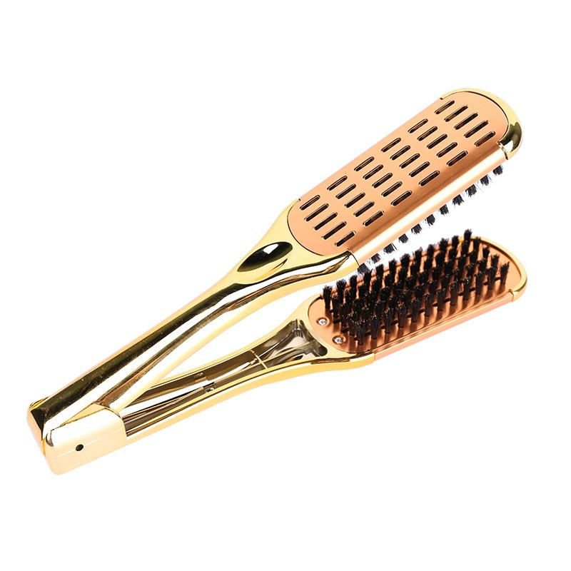 Goldd Electroplate Boar Bristle Straightener Brush Double Sided Brush Clamp Straightener Hair Straightener Brush Comb