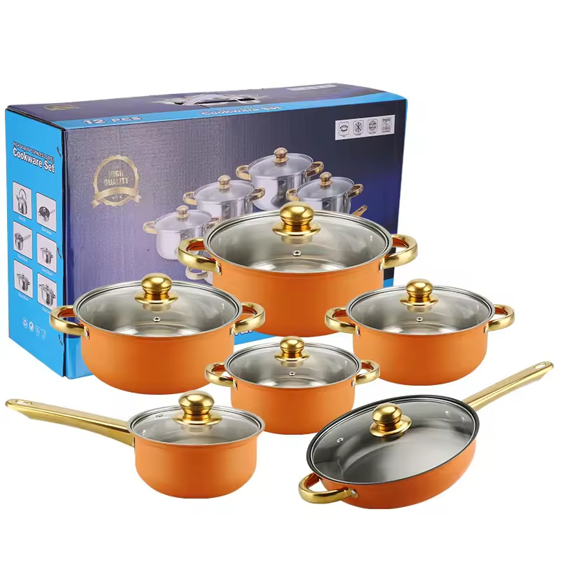 12PCS Stainless Steel Pots and Pans Gold Handle Soup Pots Cooking Pots Milk Casserole Kitchen Cookware Sets