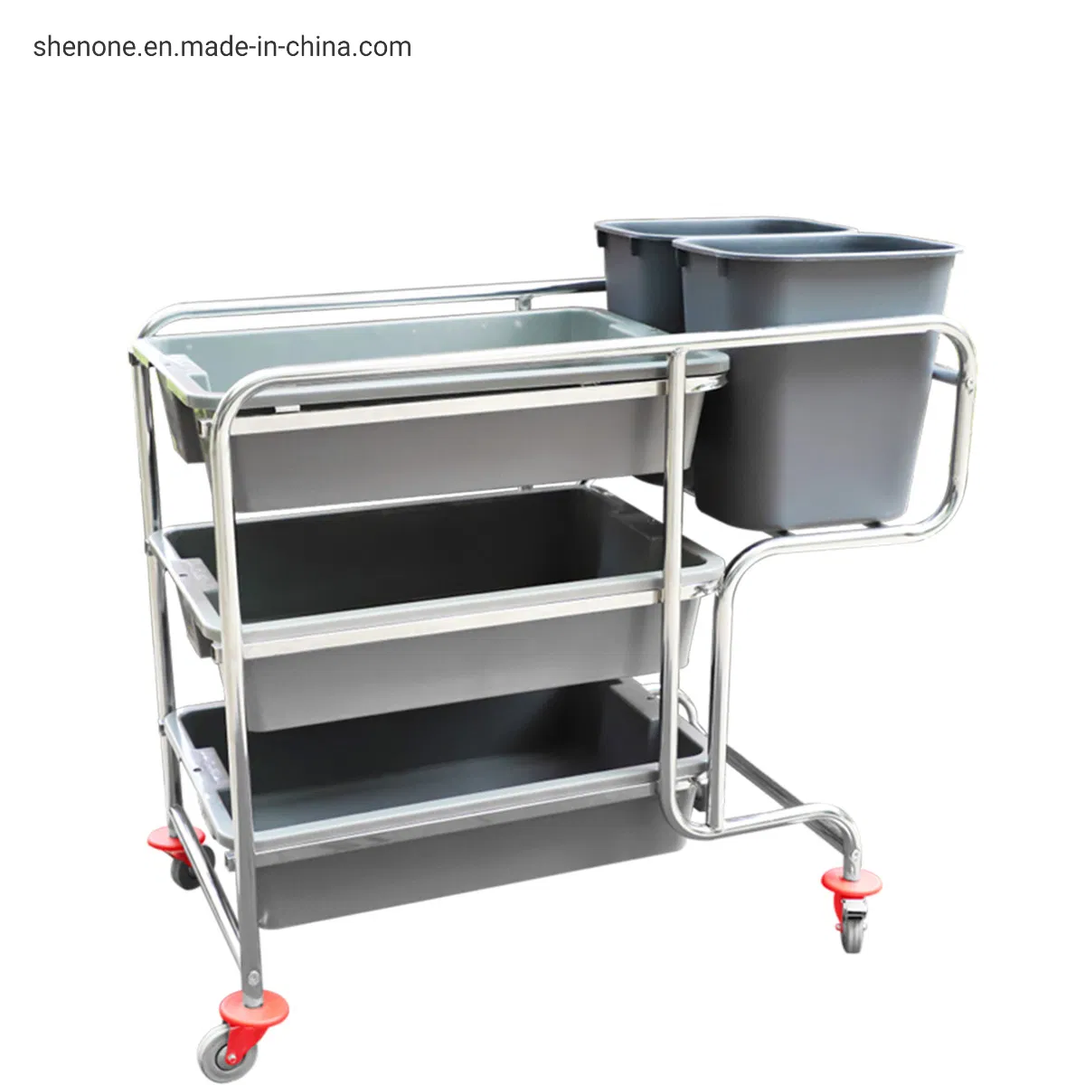 Shenone Best Quality Plastic Multipurpose Hotel Airport Shopping Mall Cleaning Trolley with Sliding Door and Down Press Wringer Bucket