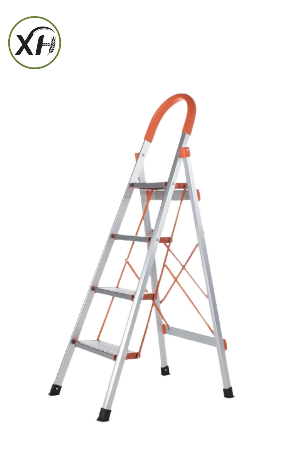 D-Shaped Armrest Ladder Household Aluminum Folding Ladder (with orange anti-slip sponge handrails, foot covers, reinforcement strips)