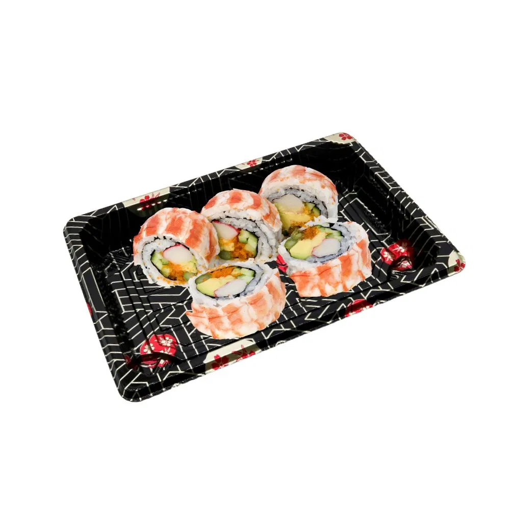 Hot Sales Black Sakura Printing Disposable Sushi Roll Food Packaging Food-Grade Plastic Take Away Desserts Food Container Rectangle Sushi Tray with Clear Lid