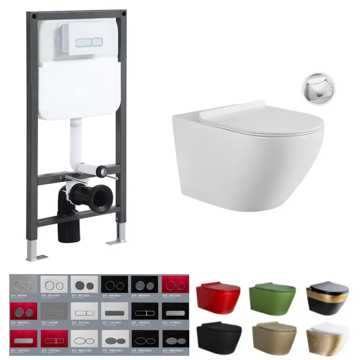 European HDPE Plastic Rimless Flush Wall Hung Toilet High Concealed Cistern with Iron Frame Color Button