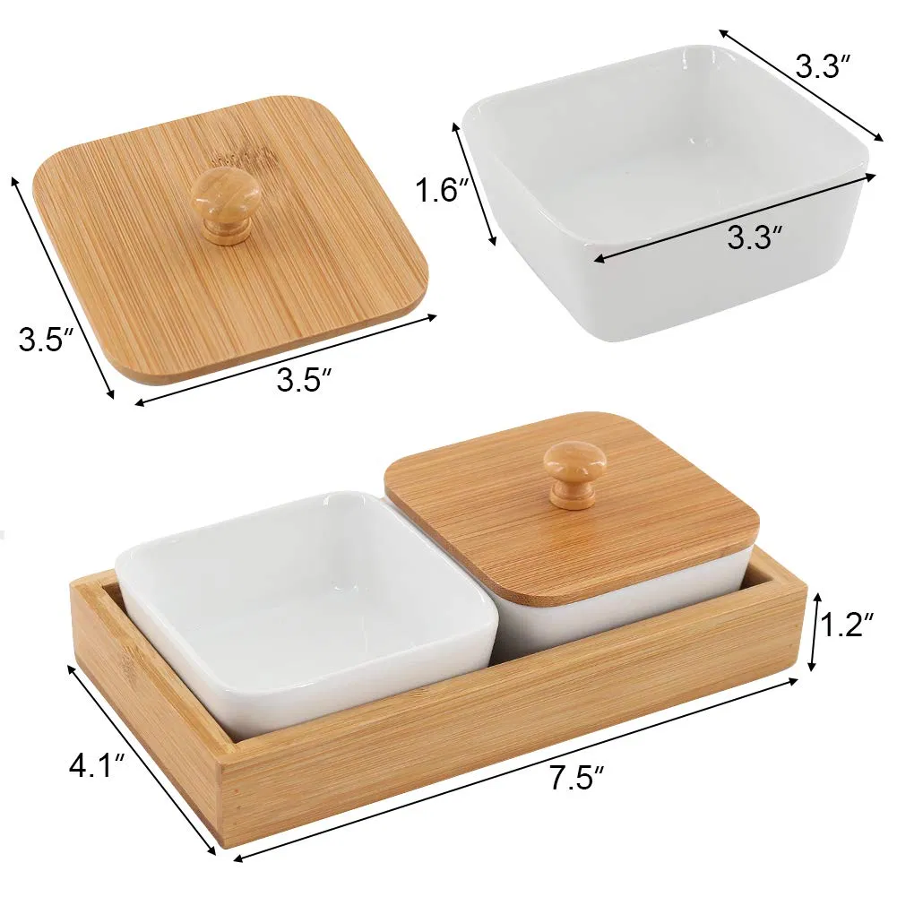 Food Server Set Tabletop Snack Serving Trays White Ceramic Relish Serving Bowl Set with Bamboo Lids & Bamboo Tray
