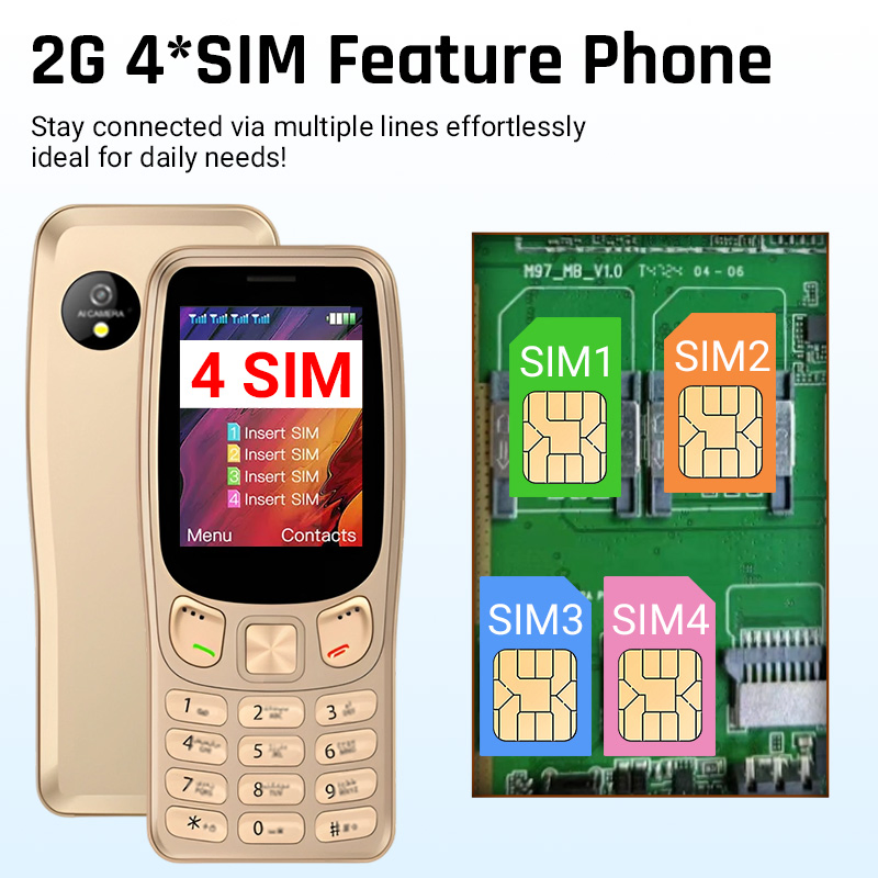 Кнопочный телефон 2.4 дюйма, 4 SIM, батарея 2500 мАч