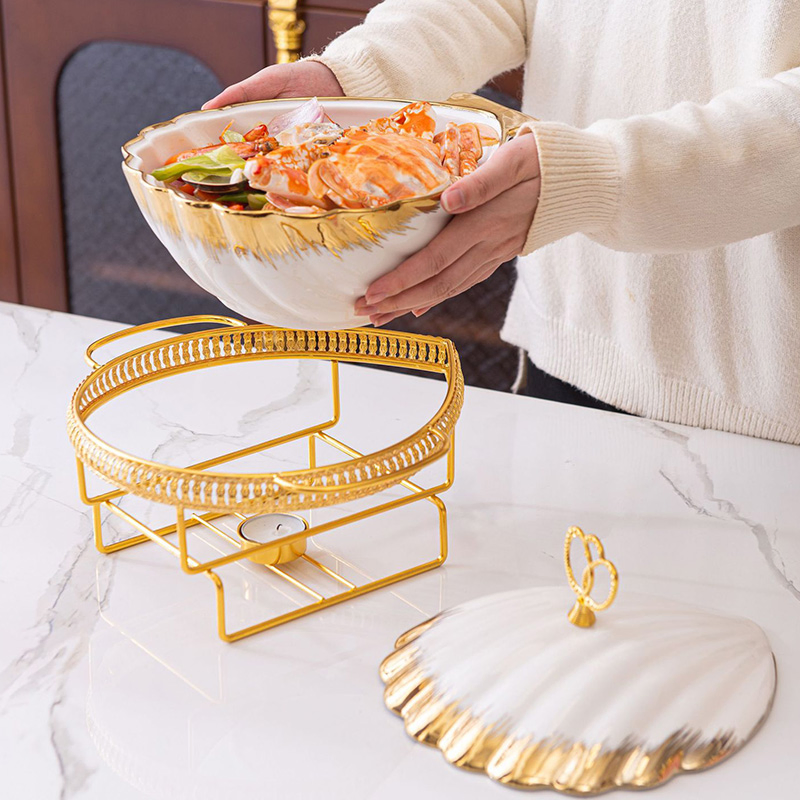 Shell Shape Ceramic Casserole Home Luxury Gold Tableware Heating Hotel Dry Soup Pot Gold Rack Food Wamer with Candle Holder