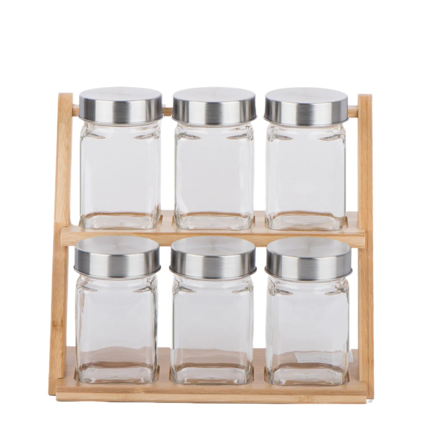 6PCS Glass Food Storage Jar Set with Wood Rack and Stainless Steel Lid for Pasta Coffee Tea Candy