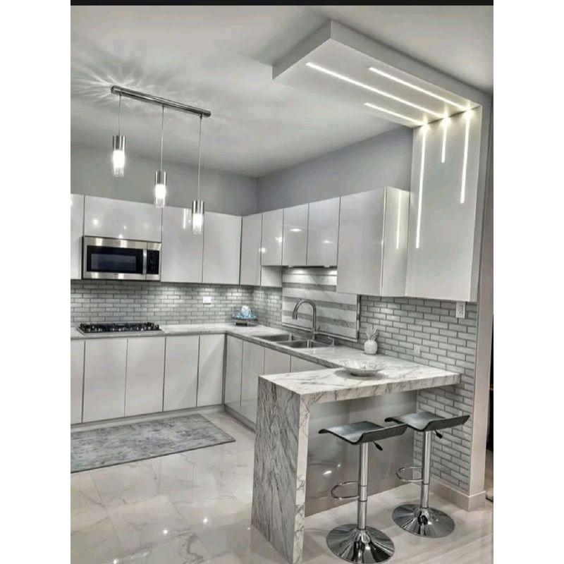 Popular Plywood Lacquered Extra Modern High Quality Distinguished Approach Kitchen Cabinet with Modern Marble Island