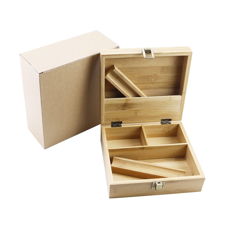 Wholesale Smoke Accessories Engraved Wooden Tobacco Box Bamboo Stash Box with Rolling Tray