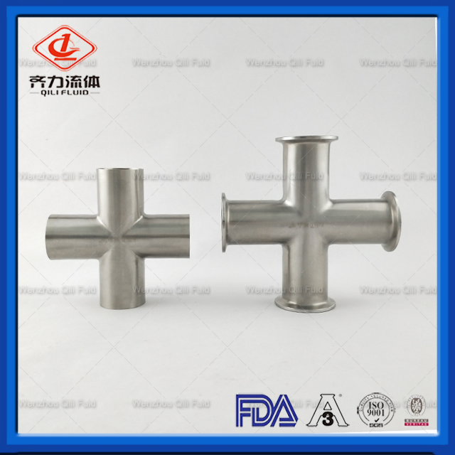 Sanitary SS304 3A, DIN, SMS Cross with Tri Clamp Ends Four Way Equal Cross