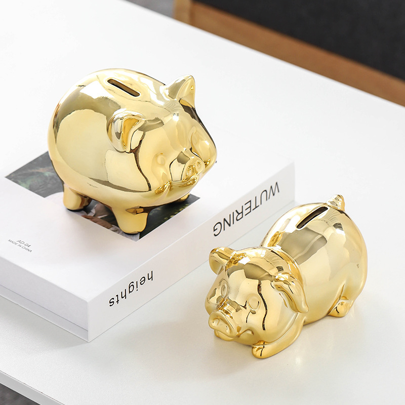 Custom Handmade Crafts for Home Decorations Nordic Electroplated Gold Ceramic Piggy Bank
