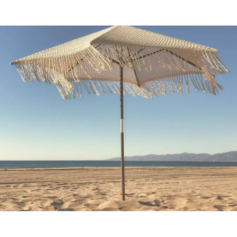 Fantastic Luxury Crochet Patio Wooden Umbrella Handmade Cotton Tassels 2.5m Parasol Macrame Ropes Open Umbrella with Fringe