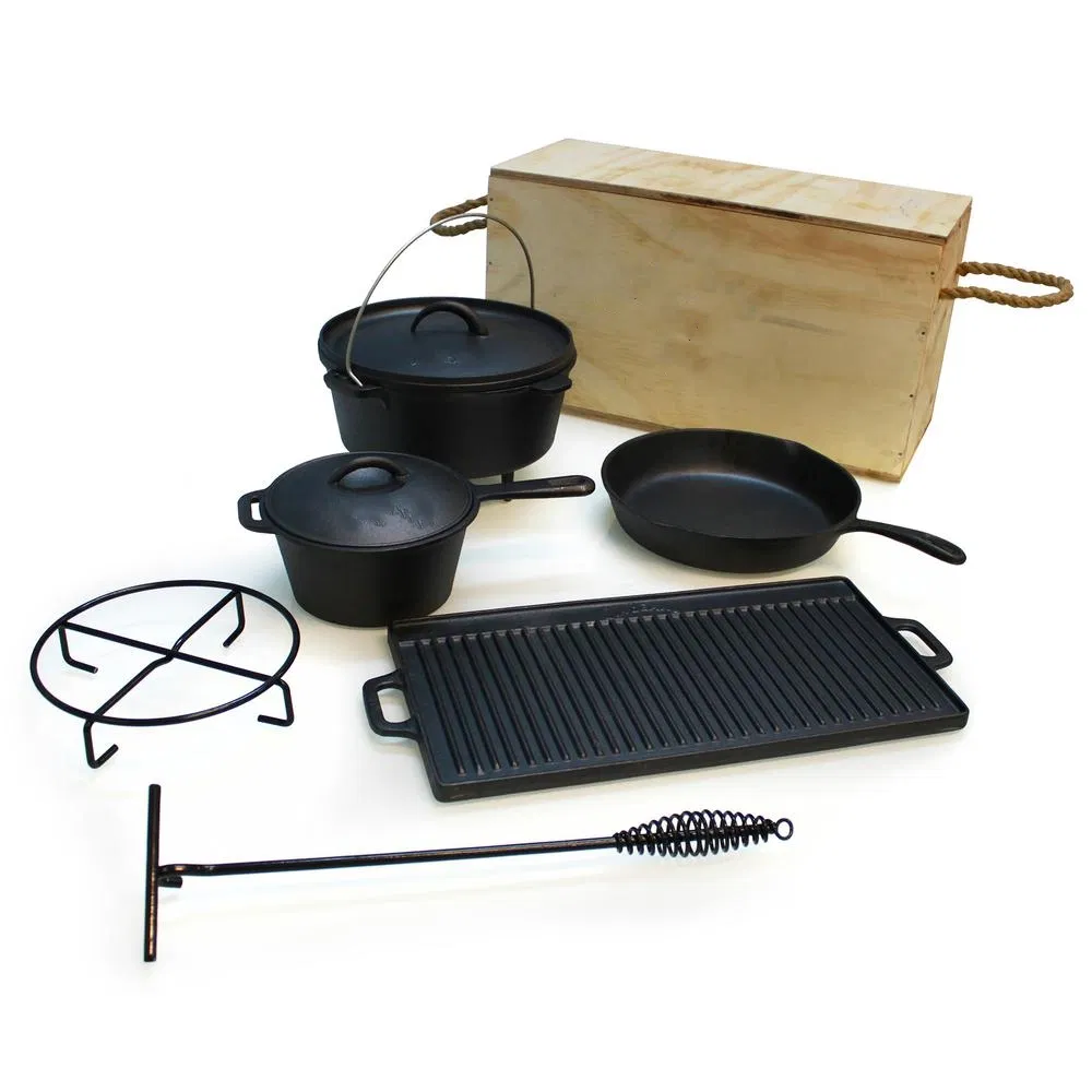 7-Piece Cast Iron Preseasoned Camping Cookware Sets with Wooden Box